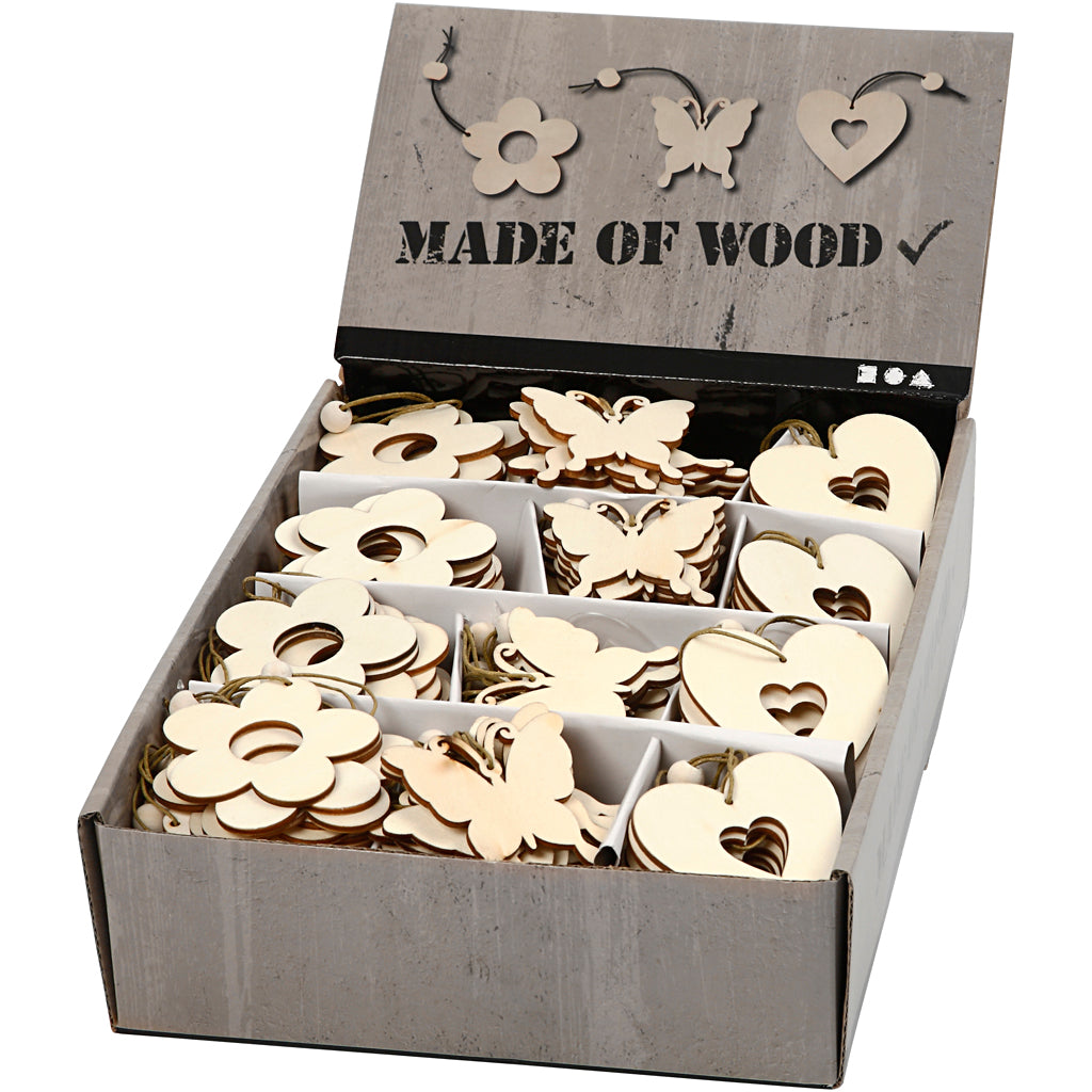 Wooden Ornament, flower, butterfly, heart, size 6 cm, thickness 3 mm, 200 pc/ 1 pack