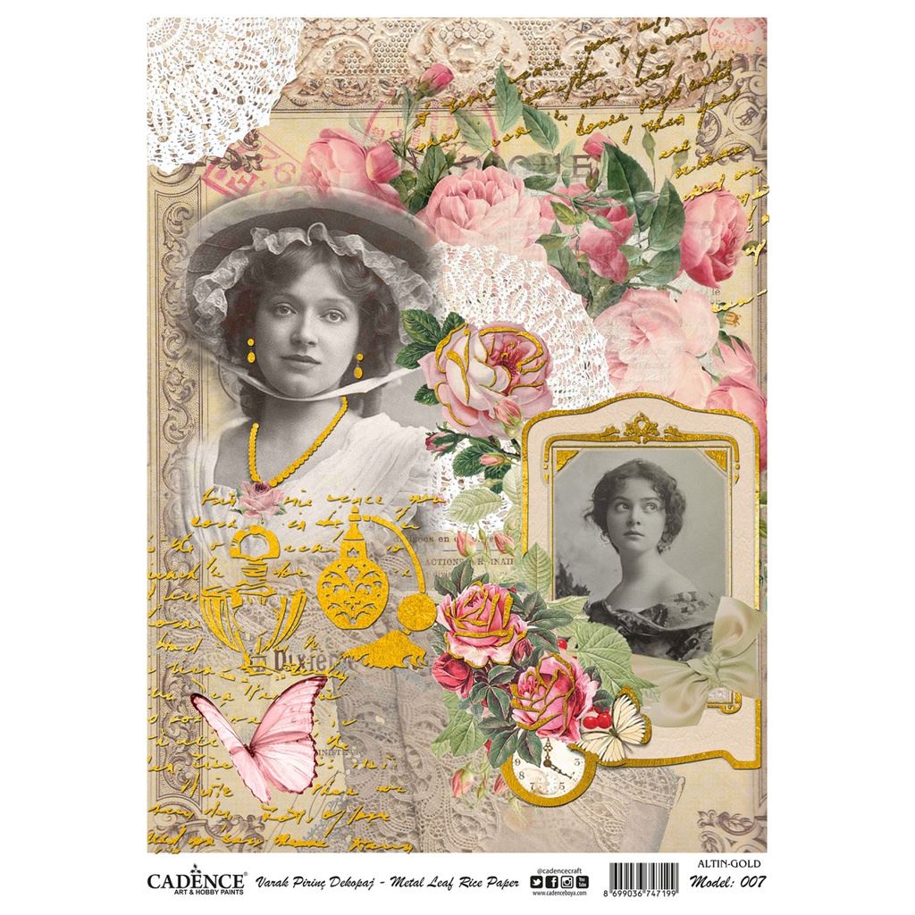 Rice Decoupage Paper - Metal Leaf Gold - Victorian Rose