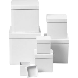 Square, hand-made boxes of papier-mâché