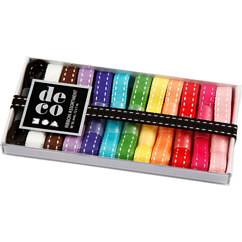 Decorative Ribbon, W: 10 mm, assorted colours, 12x1 m