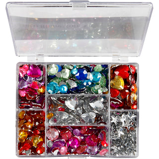 Rhinestones in Display Box, Rounds. stars. hearts, dia. 6+7+9+10+11+12+14+16 mm, blue, pink, silver, 300 pc/ 1 pack