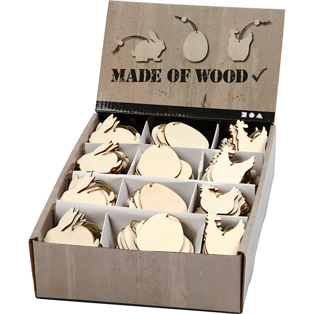 Wooden Ornament, rabbit, egg, hen, size 6 cm, thickness 3 mm, 200 pc/ 1 pack