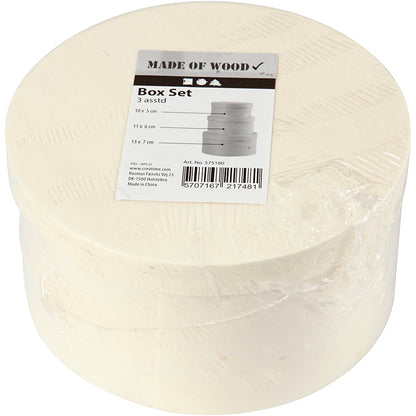 Round Wood Chip Box, H: 5,4+6,5+7,3 cm, dia. 10+11+13 cm, 3 pc/ 1 set