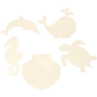 Sea creatures for hanging, Seahorse, turtle, dolphin, mussel and whale, H: 5-10 cm, W: 5-10 cm, hole size 3 mm, thickness 2 mm, 5 pc/ 1 pack