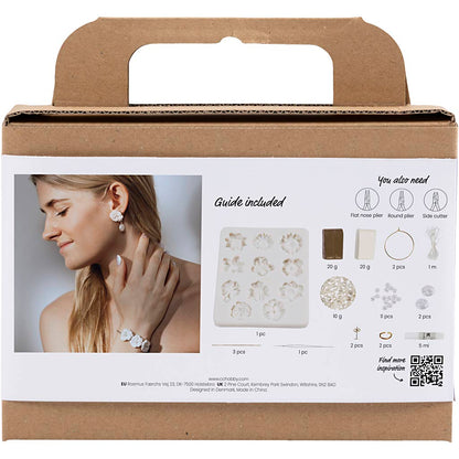 Mini Craft Kit Jewellery, Floral-design earrings, bracelet and necklace, beige, light beige, warm beige