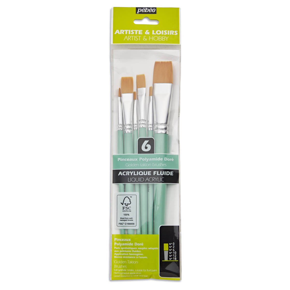 Pebeo Set of 6 Short Handle Brushes Flat  Golden Taklon