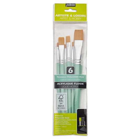 Pebeo Set of 6 Short Handle Brushes Flat  Golden Taklon